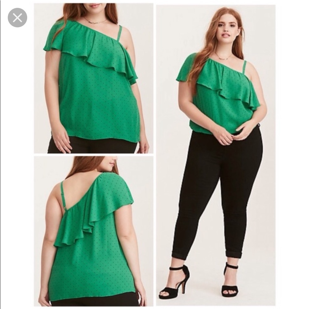 Torrid Size 2- Green w/Black Polka Dots One-Shoulder Ruffle Women's Top